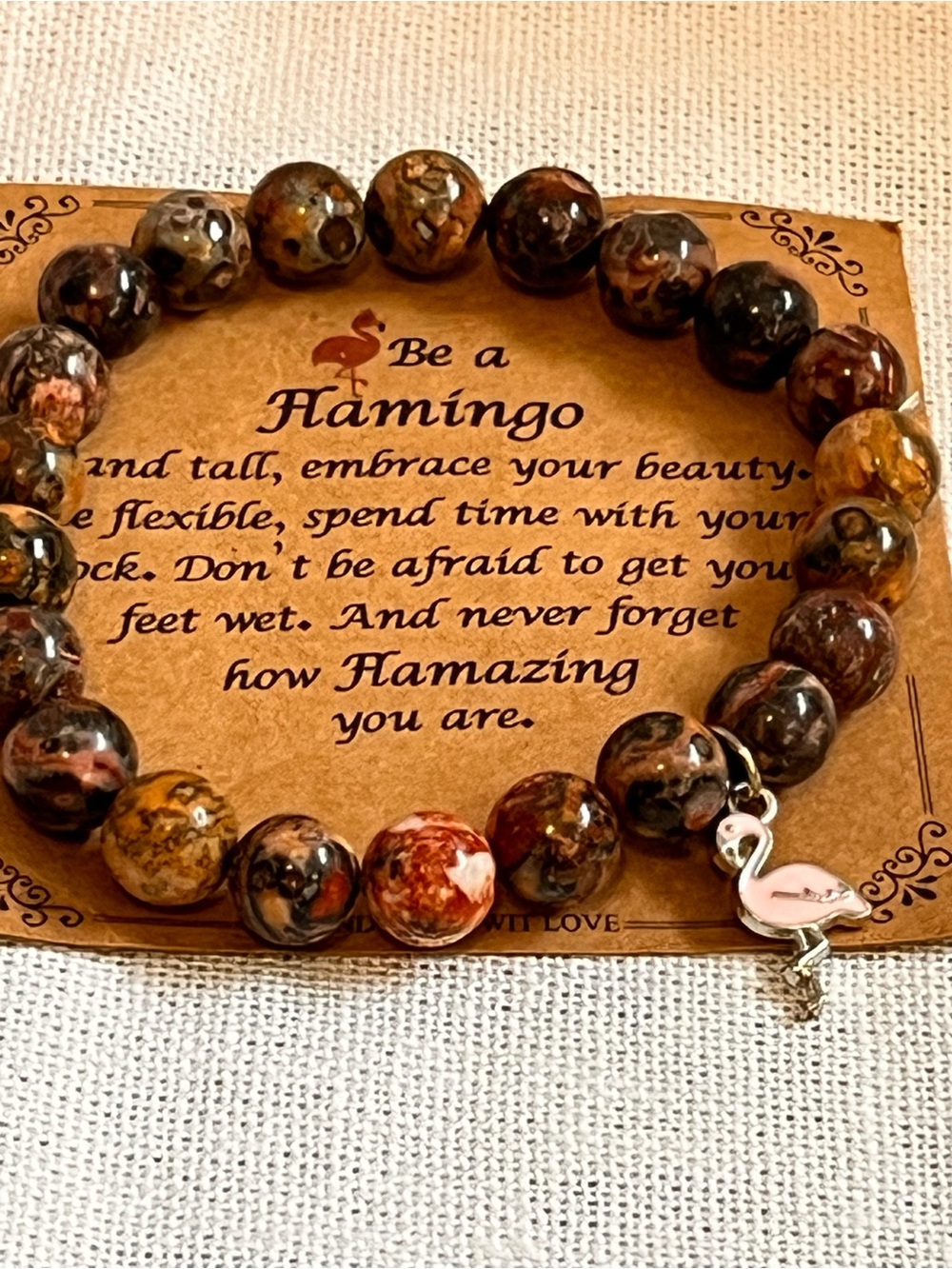 Multicolor Agate Beaded Stretch Bracelet with Flamingo Charm